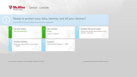 「McAfee LiveSafe」ダッシュボード画面