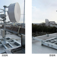 設置された「ワイヤレスリンク23G」（固定型）。写真左が送信局で、右が受信局となる。ケーブル回線が災害などで断線した場合に、無線での情報伝達が可能になる（画像はプレスリリースより）