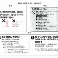 取扱説明書や添付文書に記載された注意表示の例（食品を加熱しすぎない）