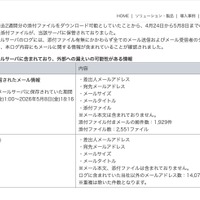 リリース（添付ファイル分離メールサーバに含まれており、外部への漏えいの可能性がある情報）