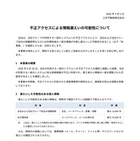 リリース（不正アクセスによる情報漏えいの可能性について）