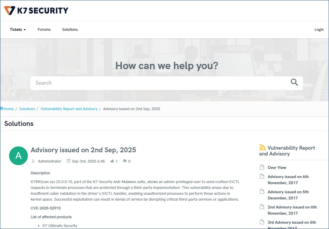 K7 Ultimate Security における任意のプロセスの停止が可能となる脆弱