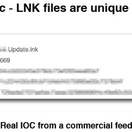 別の”質が低い”IOCの例。.lnk = ショートカットファイルは端末毎にユニークであるため、このIOCは解析を行った端末上でのみ機能する = 配信する意味は皆無。