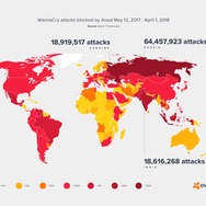 Avastが2017年5月12日～2018年4月1日までにブロックしたWannaCryの攻撃ヒートマップ