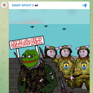 図2：Cyber Front Zのテレグラムチャンネルに投稿され、フォロワーに特定のターゲットのソーシャルメディアアカウントに投稿するよう促すコンテンツの一例。提供されるコンテンツには、下品で攻撃的な画像が含まれることが多く、ここでは、マリウポルのAzovstal製鉄所に閉じ込められたウクライナ軍に、漫画のロシア兵が空爆を呼びかけるミームが紹介されている。ロシア情報機関とつながりのある