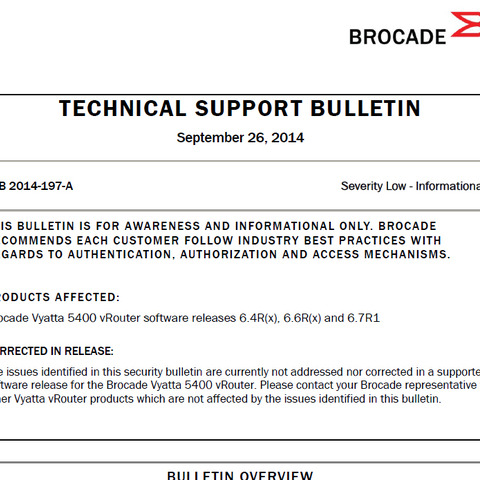 仮想ルータ「Brocade Vyatta 5400 vRouter」に複数の脆弱性（JVN） 画像
