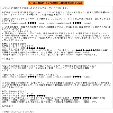 アカウント更新や口座の制限解除を理由に誘導する、みずほ銀行偽メール(フィッシング対策協議会) 画像