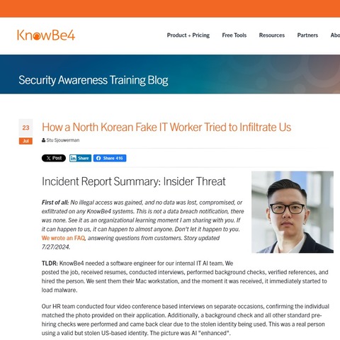 「公表に敬意を表したい」北朝鮮 IT 技術者をうっかり雇った KnowBe4 をブライアン・クレブスが称賛 画像